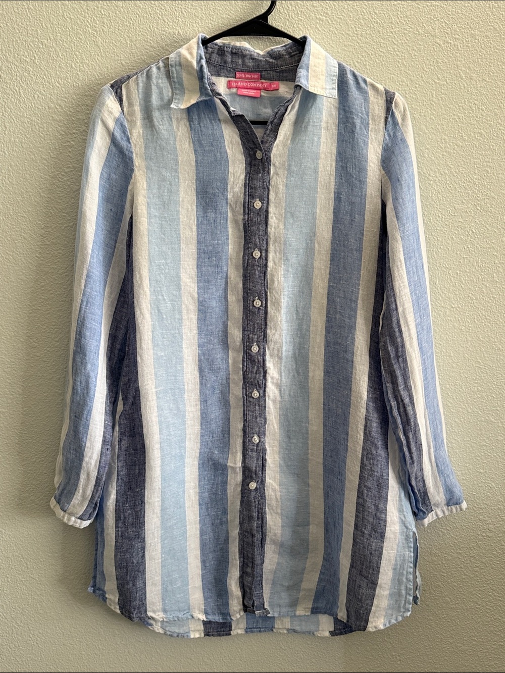 Island Company 100% Linen Blue White Striped Button Front Shirt XS Coverup